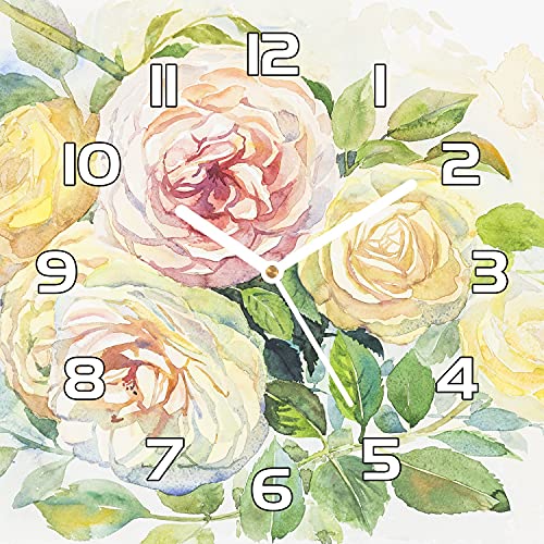 Horloge en verre fleurs de roses lisible aiguilles blanches