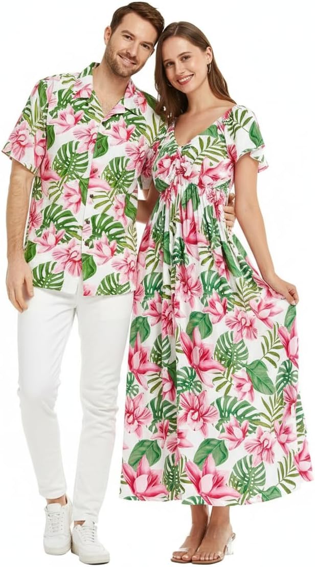 Matchable Couple Hawaiian Luau Shirt or Rahee Maxi Dress in Lotus and Orchid