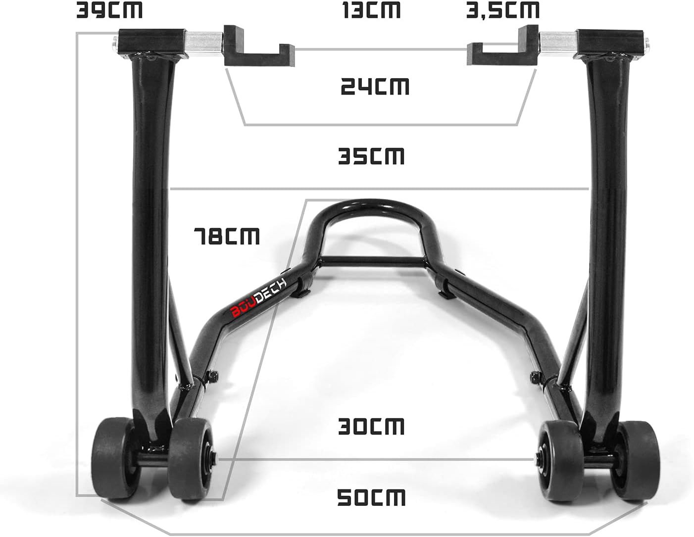Dimensions of the front motorcycle stand with L-fork adapters