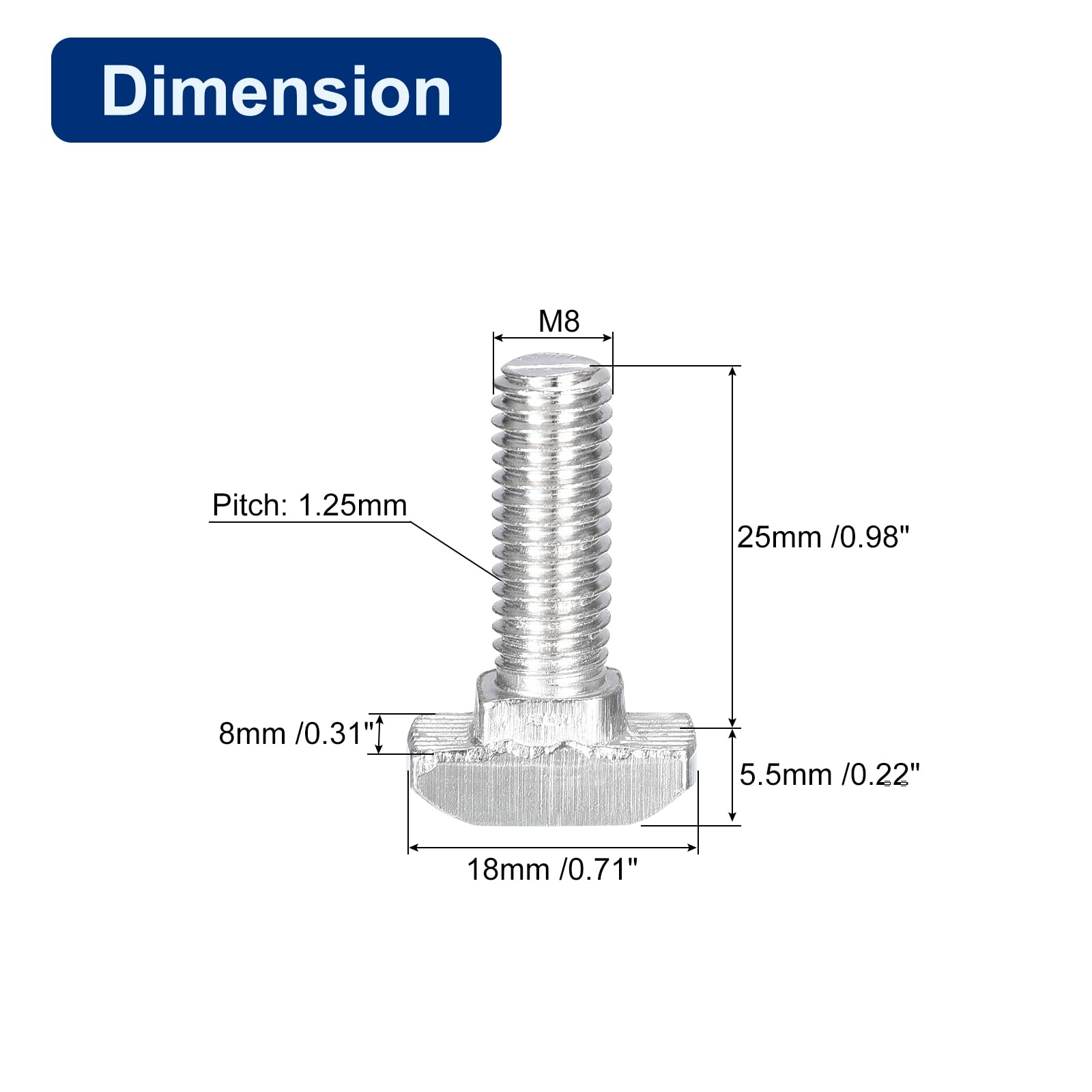 QUARKZMAN 30Pcs Boulons en T-Slot, M8 x 25mm Boulon à Tête de Marteau T Vis Goujon pour Profilé en Aluminium à Rainure en T Série 4040, Acier Inoxydable 304, Argent