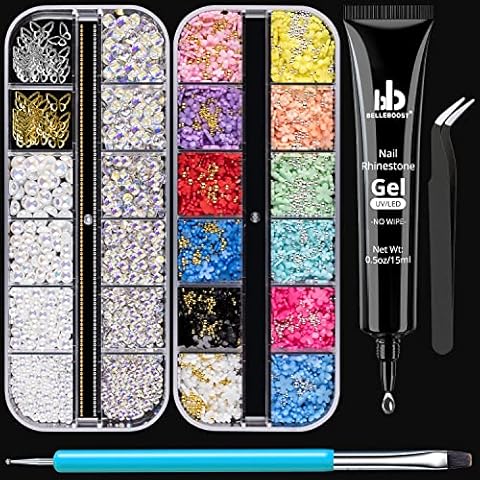 Nail Art Rhinestone Glue Gel&2 Boxes 3D Charms Accessories Kit 1, 1 Pc of 15ml Rhinestone Glue(UV/LED Needed)+3D Flowers Nail Decors Gems Crystal Pearls Bow Beads with Dual-End Brush Tool And Tweezer Cover