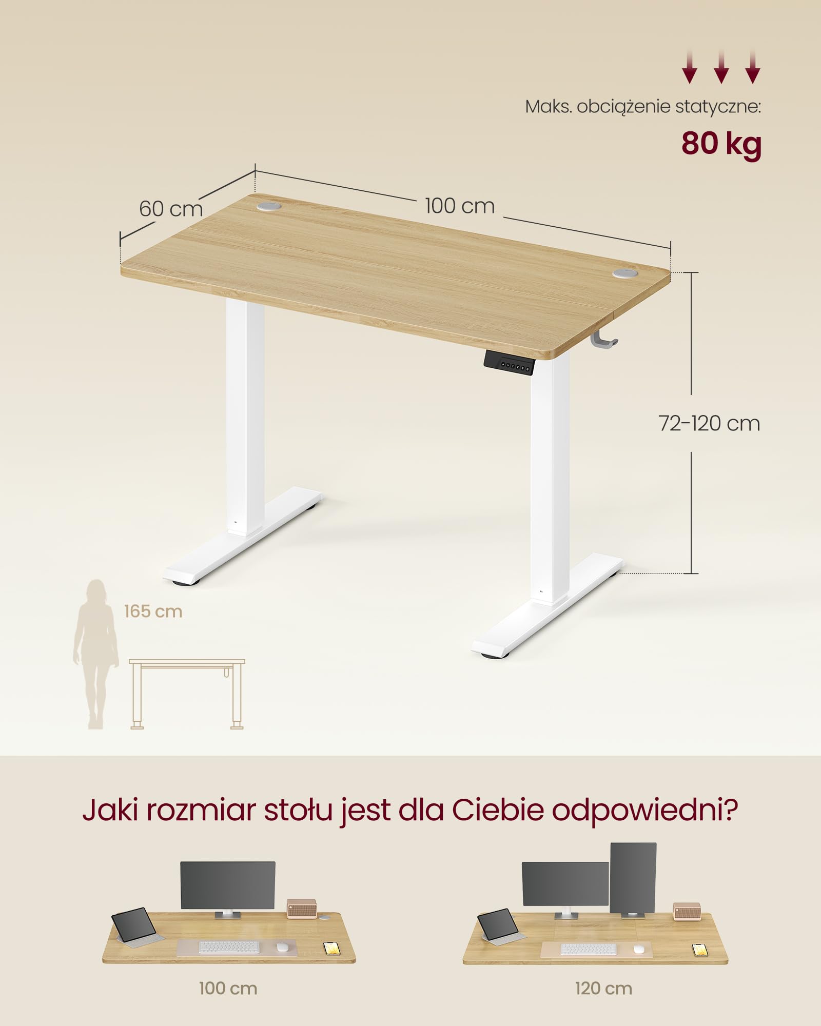 VASAGLE LSD310YA03 biurko z regulacją wysokości, stolik pod komputer, funkcja pamięci o 4 wysokościach, 100 x 60 cm, kolor złoty dąb