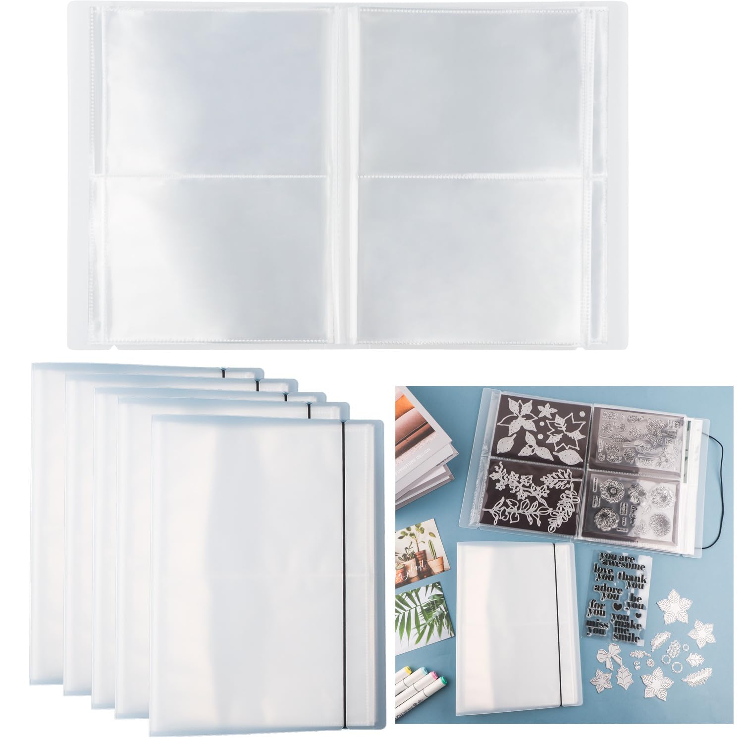 OTCRAFT 20 Pages80 Pockets /5Set Large Clear Sticker Photo Storage Album; Stamp & Cutting Dies Storage Book Organizer Folder for Postcards Stickers, Photo, Clear Stamps, and Cutting Dies — image 1