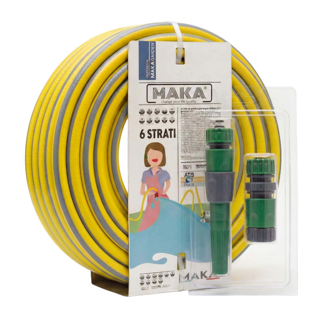 MAKA Kit Tubo Acqua Giardino 1/2 Pollice 12.5mm con Accessori Innesto Rapido Pressione 40 Bar 6 Strati Flessibile con Doppio Rinforzo Retinato Antitorsione Resiste Caldo Gelo UV Riciclabile (25 mt)