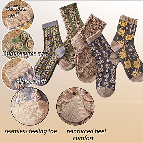 Cute Flora Women Ankle Crew Sock Boot Mixed Color Embroidered Novelty Warm Cottagecore Cotton Girl Fancy Sock 5 & More Pairs2