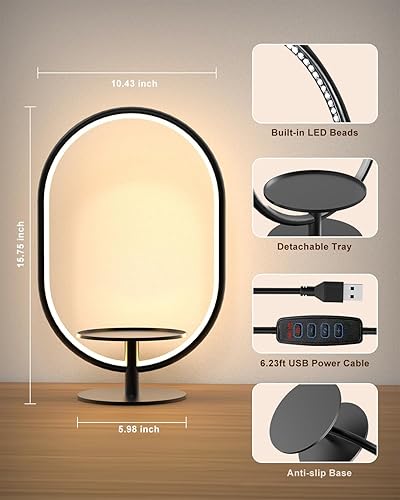 Miniatura 6 de Lámpara de mesa LED moderna con bandeja de almacenamiento, lámpara de noche con 3 temperaturas de color, 10 niveles regulables para