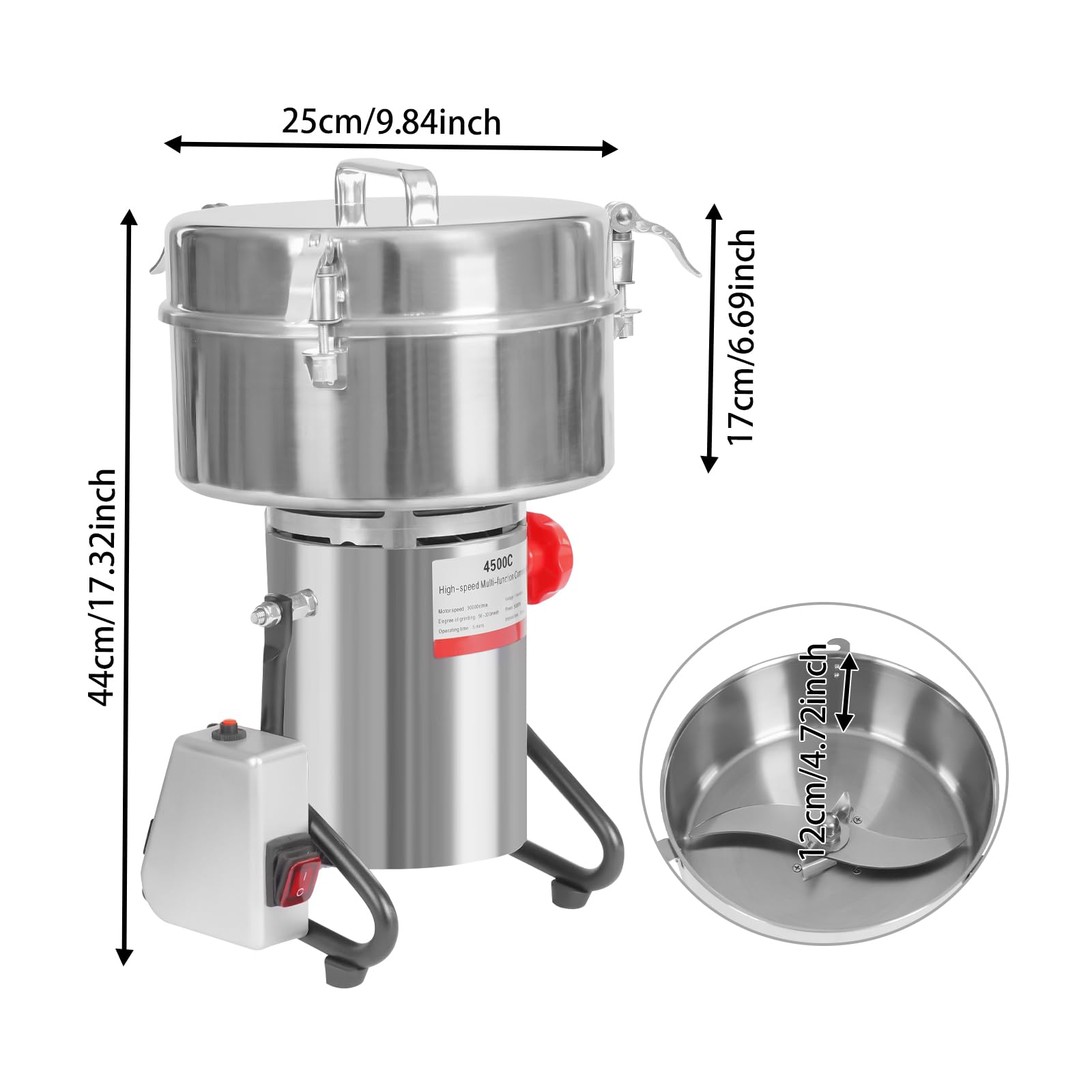 Headery 4500g Electric Grain Mill Grinder, 5000W 30000r/min High-speed Grain Spice Herb Grinder, Stainless Steel Commercial Pulverizer Grinding Machine for Kitchen Herb Spice Pepper Coffee (4500g)