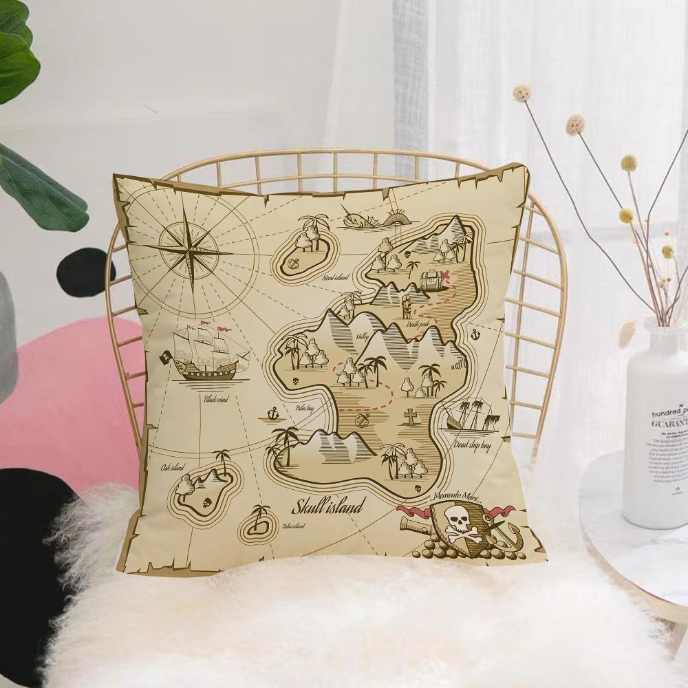HYOSXW Cushion Cover,Throw Pillow Case Home Decorative for Living Room Bedroom Sofa Chair 16X16 Inch,Pirate, hand drawn map of Treasure Island sea adventure ocean navigational comp,Pillowcase 40X40cm