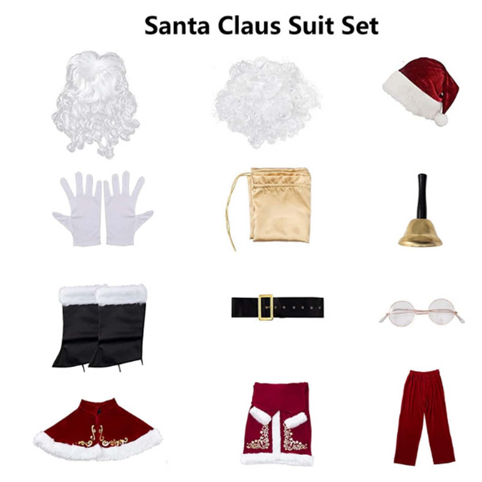 12pcs Costume de père noël Ensemble de noël Grande Taille Costume de père noël en Velours de Luxe pour Hommes Adultes Adolescent Tenue de Père Noël