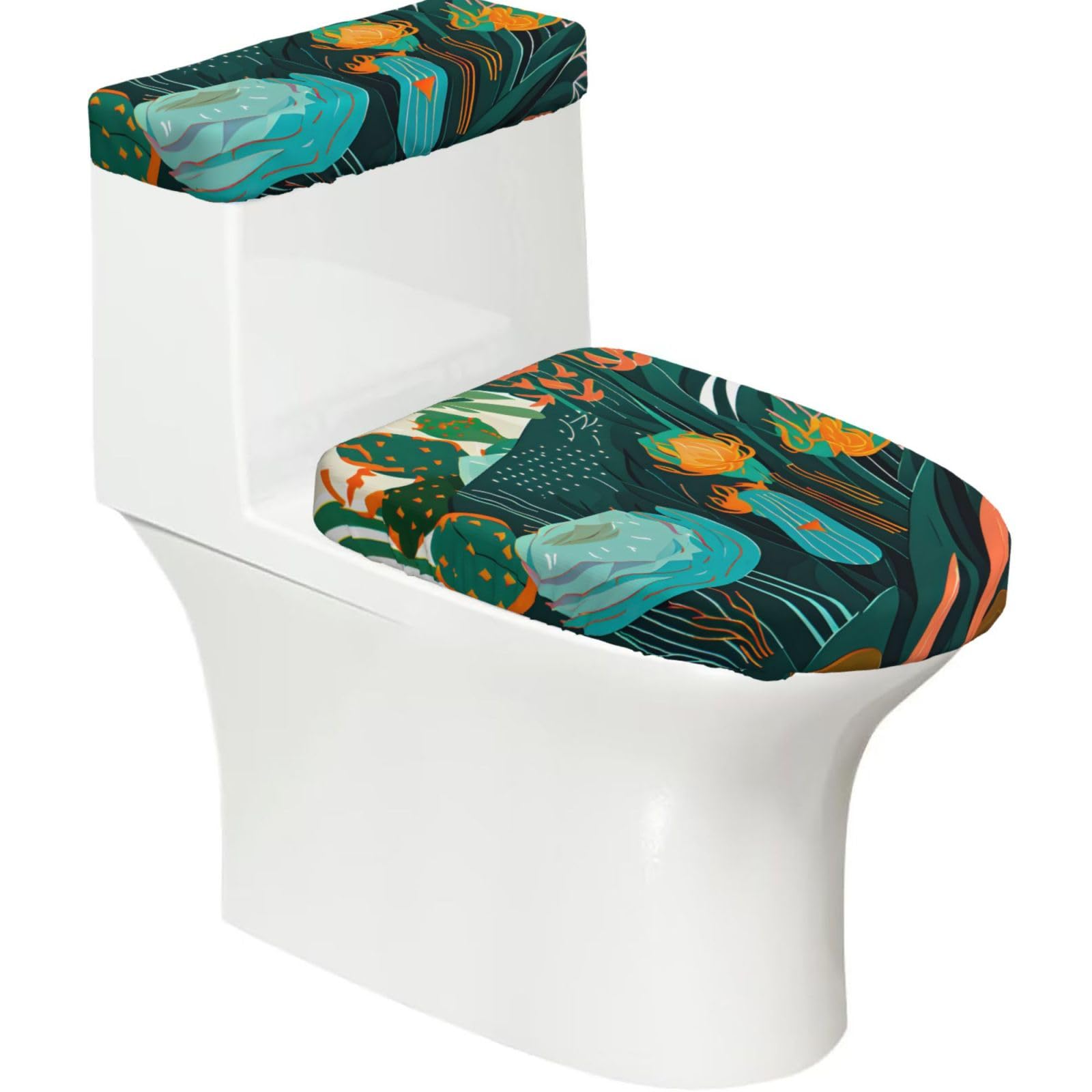 Cactus Tropical Plant Print Stretch Toilet Covers Set, Polyester Covers Replacement For Fits Most Size Lids Bathroom Decor