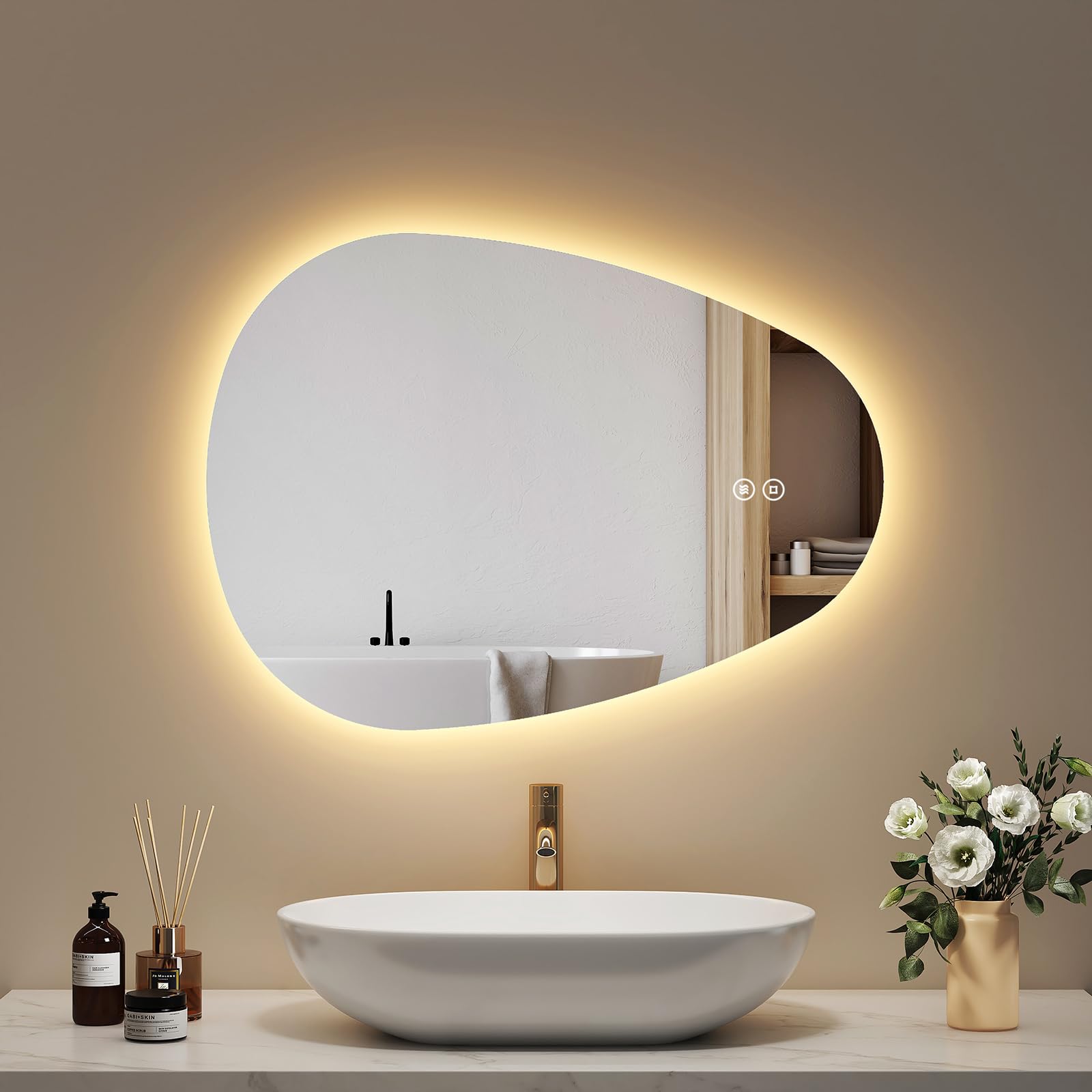EMKE Espejo de baño con iluminación, 70 x 50 cm, Espejo asimétrico con Tacto, 3 Colores de luz Regulable, antivaho, Espejo de baño con iluminación, IP44, Ahorro de energía, Espejo de baño LED