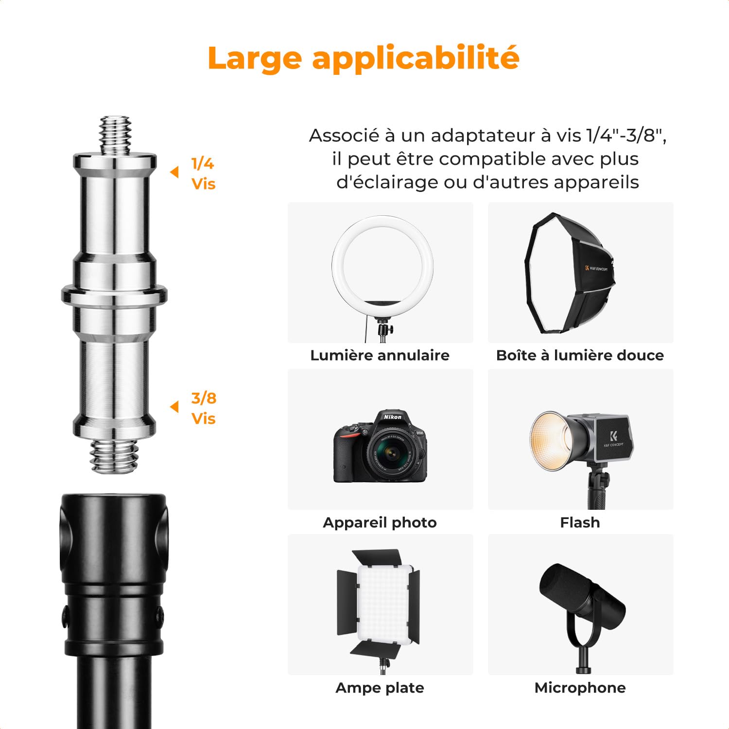 K&F CONCEPT Support Mural 130cm pour Photographie Streaming | Métal robuste, bras rotation 180°, adaptateur 3/8-1/4, streaming vidéo studio, TL08