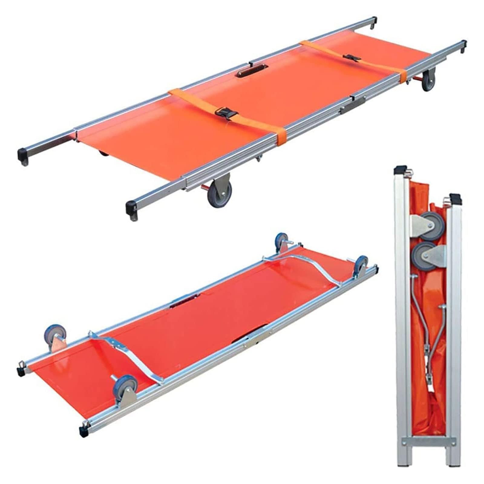 QICBYING Gurney Emergency Rescue Stretcher, Foldable 4 Wheels Stretcher Aluminum Alloy Flat Stretcher Simple Stair Wheeled Stretcher Patient Transport Medical Stretcher Maximum Load Bearing 350Lb