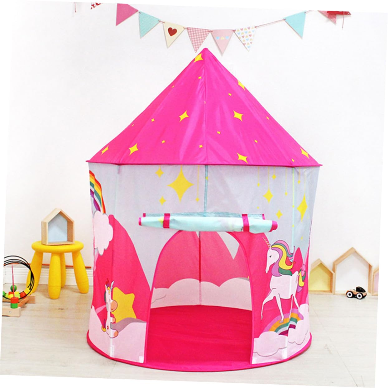 Casetta da Gioco Pieghevole Portatile per Bambini Porta Avvolgibile e Finestre, Interna, Rosa, Giocattolo Creativo per Sviluppare Immaginazione e Divertimento al Coperto