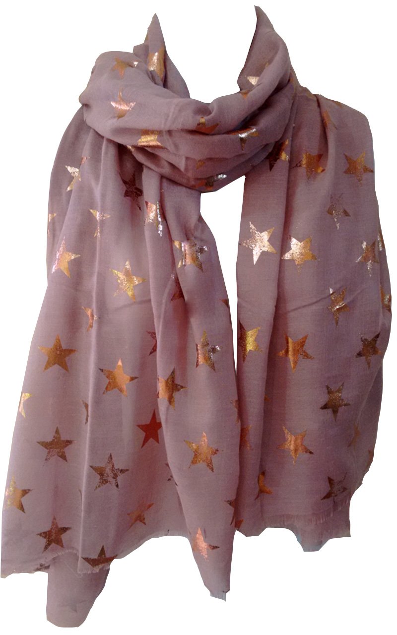 Glamlondon Women's Dusky Pink Stars Scarf Rose Gold Glitter Foil Antique Star Print Party Wedding Fashion Wrap (Dusky Pink)