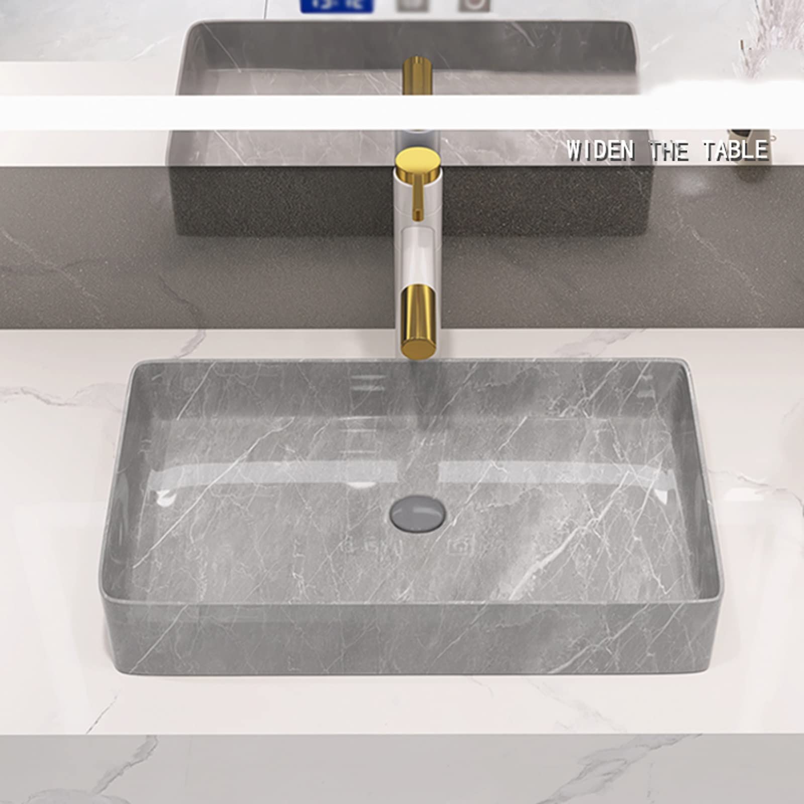 Baño Lavabo Fregadero Rectangular de cerámica con Textura de mármol, 23,6 "x 13,7", Cuenco de tocador de baño Moderno Rectangular Gris sobre el mostrador, Grifo no Incluido Fregadero del baño