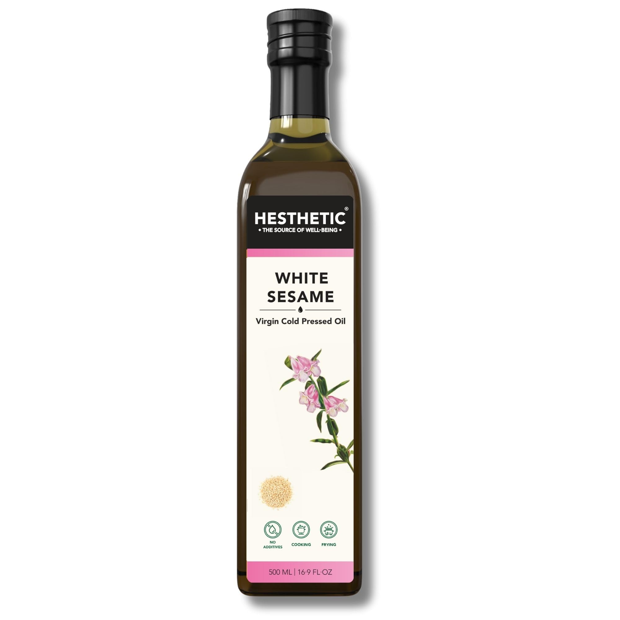 HESTHETIC Edible Cold Pressed White Sesame Seed (Gingelly) Oil, 500ML,Til Ka Tel, Rich in Healthy Fats, Ideal for Cooking, Frying and Salad Dressings, 100% Pure and Natural, Food Grade Virgin Oil, Glass Bottle