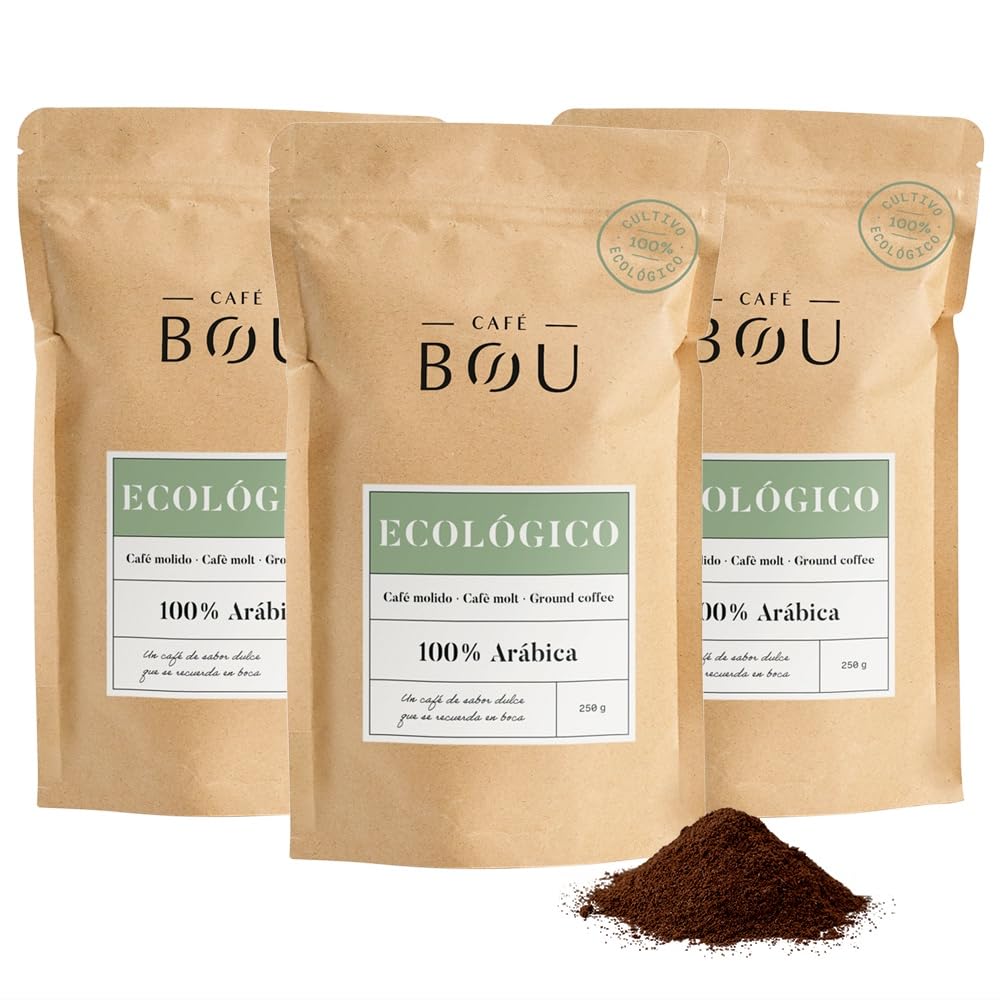 Café BOU - Molido Ecológico Certificado Para Espresso | 3x250g | Aroma caramelo y fruta, cuerpo medio