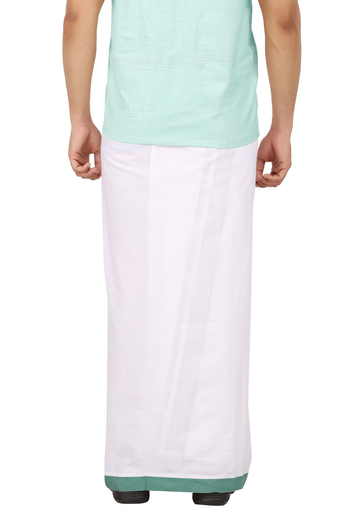 Prakasam Cotton Men's Green Border Dhoti With Welcro Pocket (Moon Green)