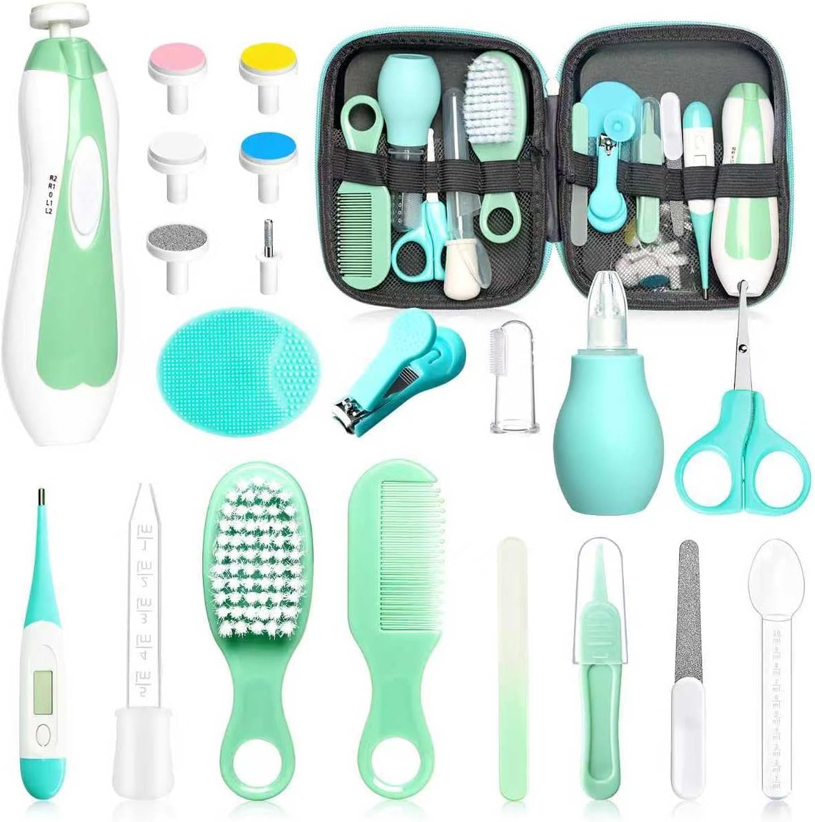 Baby Healthcare and Grooming Kit, 21pcs Baby Electric Nail Trimmer Set Newborn Nursery Health Care Set for Newborn Infant Toddlers Baby Boys Girls Kids Haircut Tools (21 Kits Green)