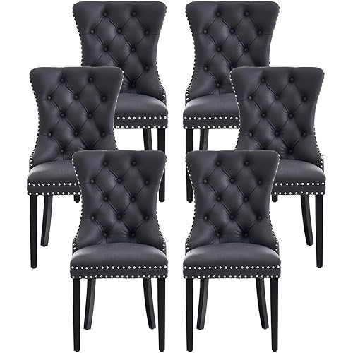 Kiztir Leather Dining Chairs Set of 6, Upholstered Dining Chair with Nailhead Trim and Solid Wood Legs, Luxury Wingback Dining Side Chair for Living Room, Bedroom, Kitchen (Black)