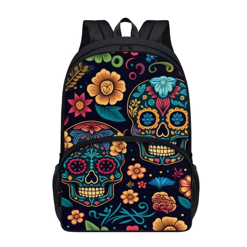Garronmavis Floral Mexico Sugar Skulls Youth Schoolbag Mexico Day Of Dead Middle School Daypacks 17" Boys Girls Kawaii Flowers Backpack College Design