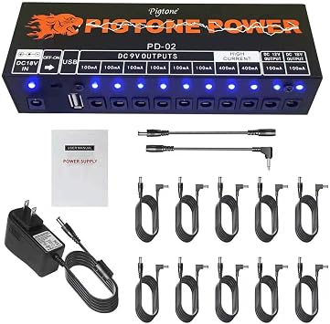Guitar Pedal Power Supply 10 Isolated DC Outputs for 9V/12V/18V Effect Pedal with USB Port PD-02