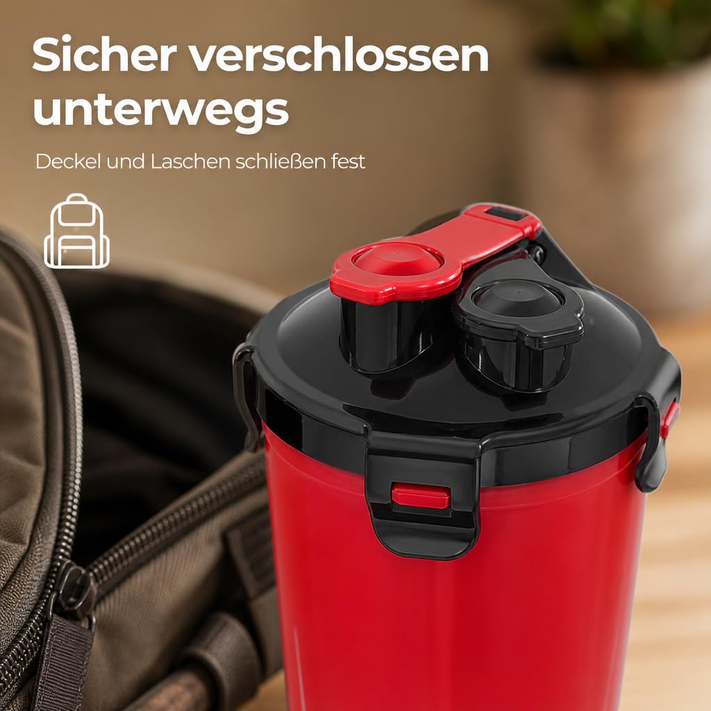 Contenitore per cani da viaggio, con 2 camere separate per acqua e cibo secco e ciotola pieghevole in silicone, 800 ml, portatile (rosso)