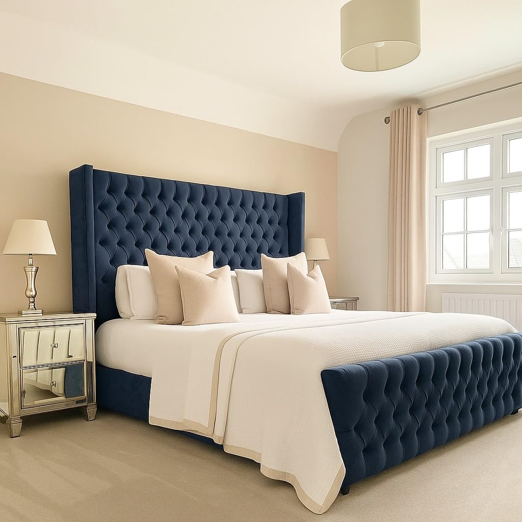 Bespoke Chesterfield Chelsea Wing Bed Frame - UK made - Single/Double/King/Super King Size Plush Velvet Fabric Upholstered (Navy Blue Plush, Single 3ft)
