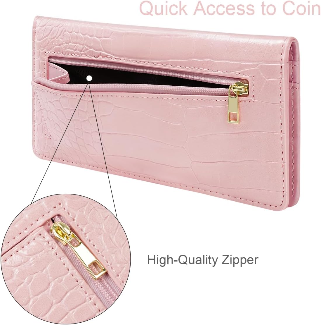 Wallet Women Bifold Faux Crocodile Leather Minimalist Slim Thin Long Wallets RFID Blocking Credit Cards Holder Purse with Back Zipper Coin Pocket for Women and Men,Pink - Image 3