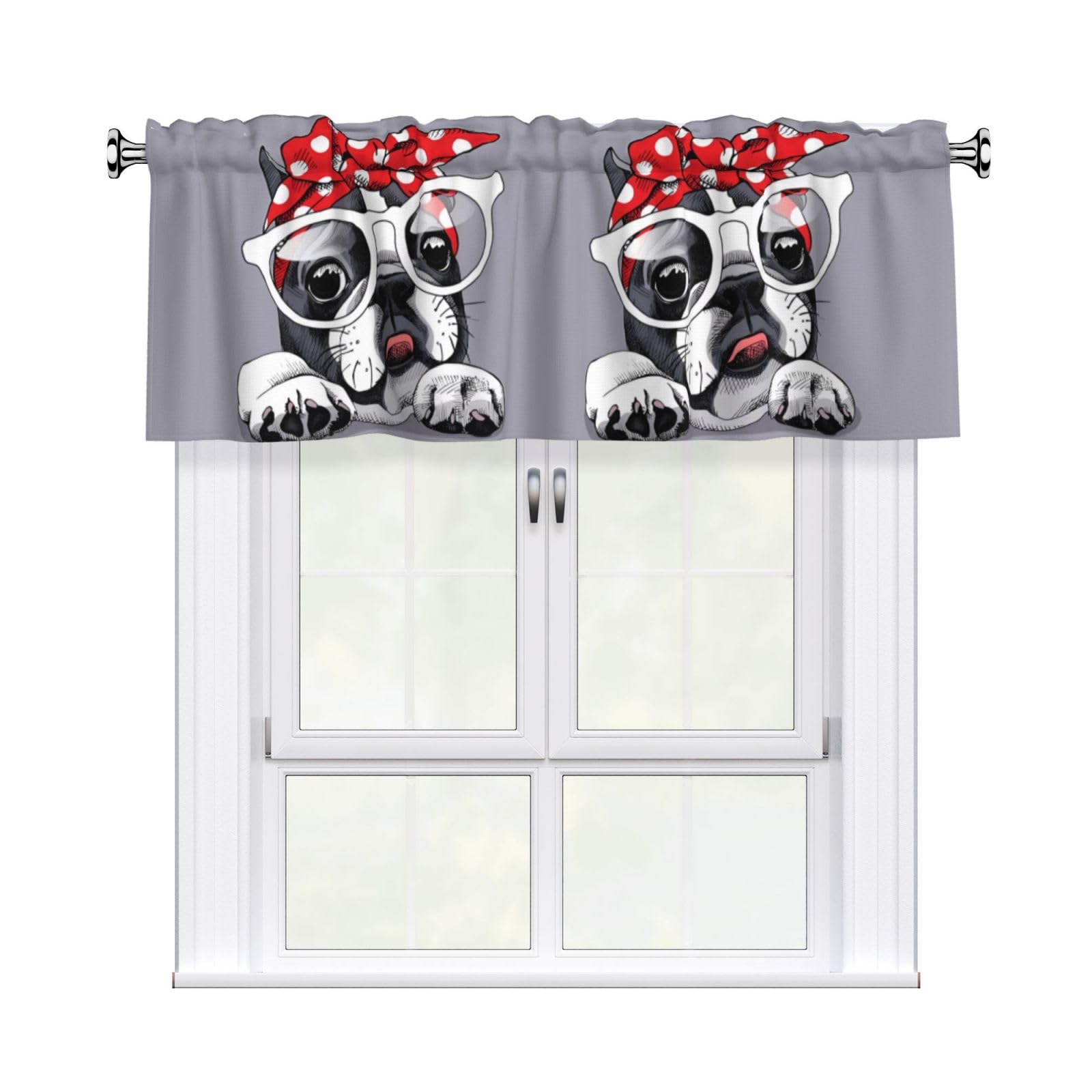HJFCZH Dog Prints Curtain Valance 54x18in - Peach Skin Kitchen Window Layer, Filtered Light & Quick-Install Rod Pocket Cover