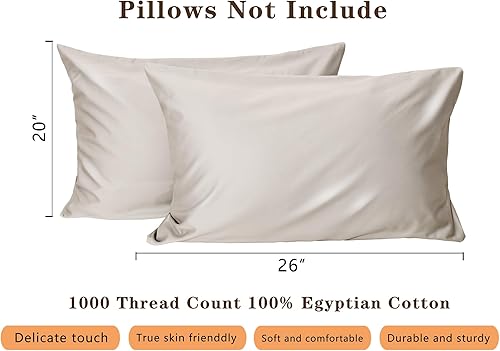Miniatura 7 de Fundas de almohada de 1000 hilos 100% algodón egipcio para dormir, patrón satinado beige claro, funda de almohada con cierre de sobre, funda de