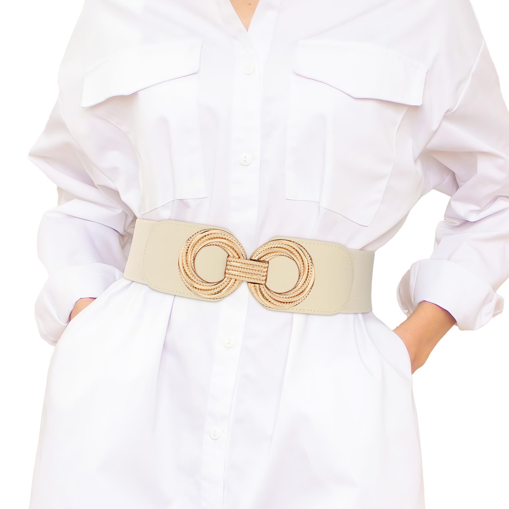 XZQTIVE Damenbreiter Elastischer Taillengurt Vintage Stretch-Gürtel für Kleider, Hosen und Mäntel mit Gold O-Ring-Buckel