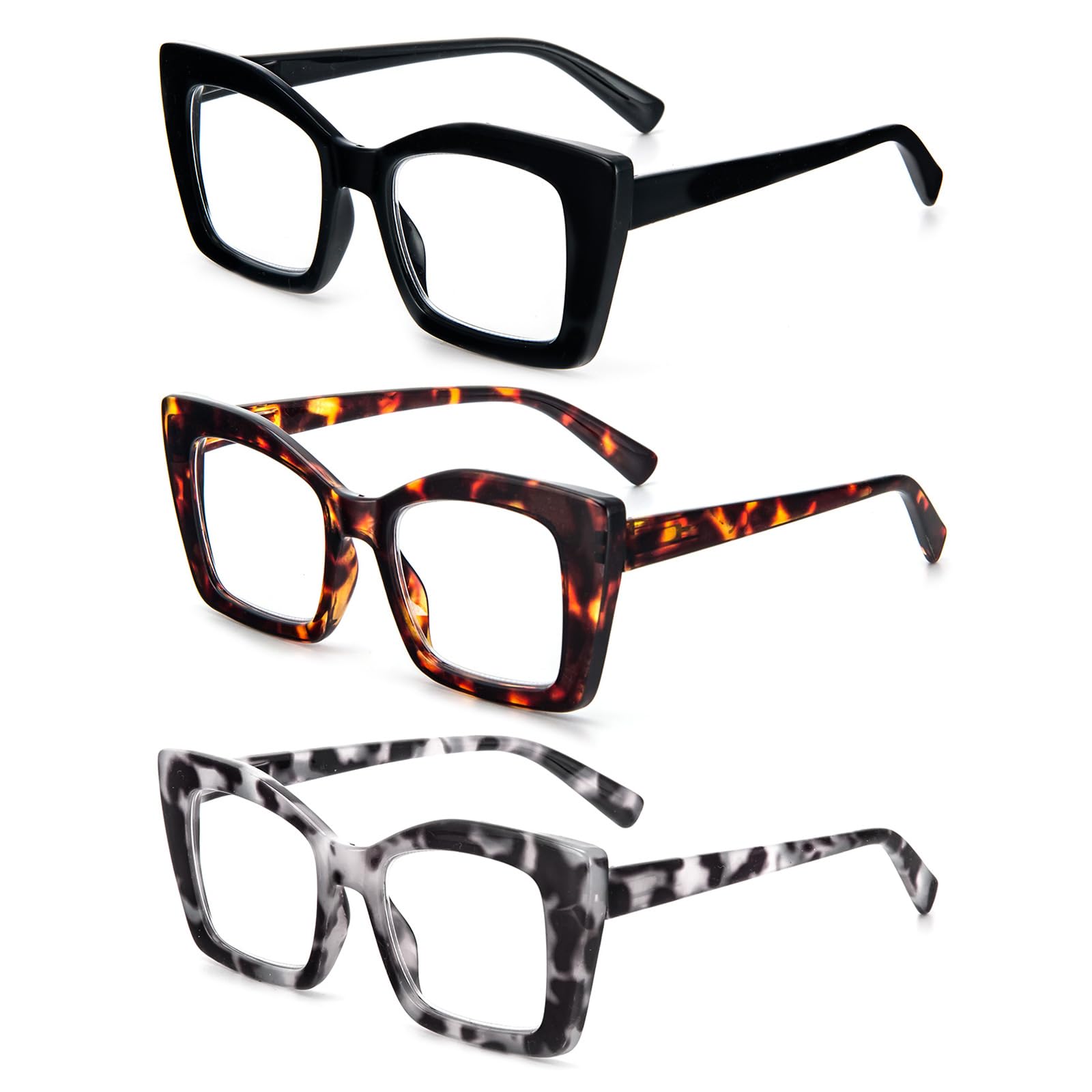 KoKoBin Oprah Occhiali da lettura quadrati da donna Oversized con cerniere a molla per computer (Nero/Leopardo/Grigio Leopardo, 2, Diottria)