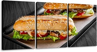 Two long submarine sandwiches meat cheese bacon tomatoes lettuce 3 Piece Canvas Wall Art for Living Room Bedroom Office Framed Prints Pictures Painting Wall Decor Artwork for Walls Set of 3