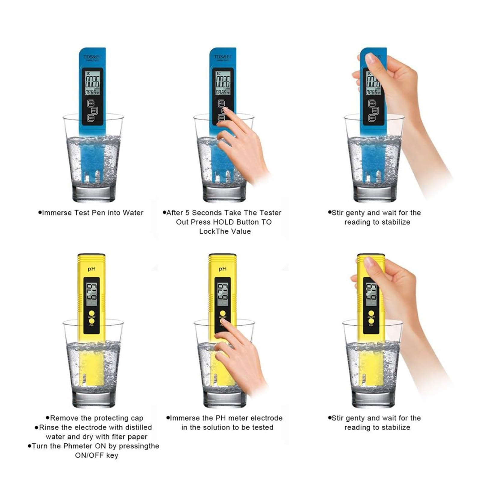 2 Szt. Miernik TDS Cyfrowy Tester Do Wody 0.0-14. PH 0-9990ppm I EC LCD Czystość PPM Filtr Akwarium(Blue)