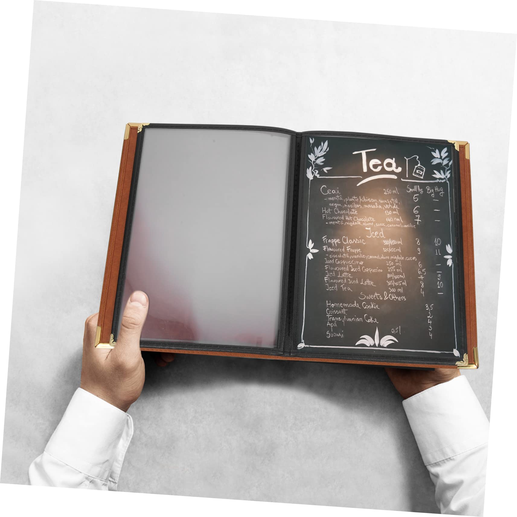 POPETPOP 2 Piezas Protector de Menú PVC para Restaurantes y Cafés Carpeta para Menús Resistente al Agua y Aceite Transparente para Carta de Hotel y Bar con Páginas Marrón