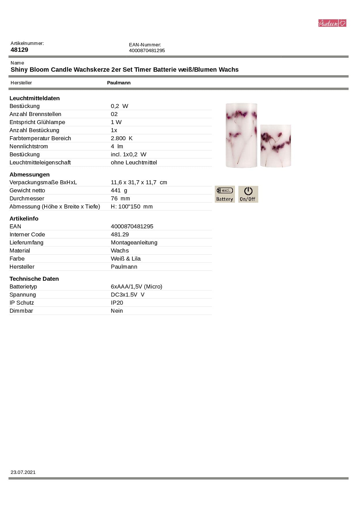 Pauleen 48129 Shiny Bloom Candle świeca woskowa na baterie z funkcją programatora czasowego na 6 godz., timer, świeca LED, zestaw 2 szt.