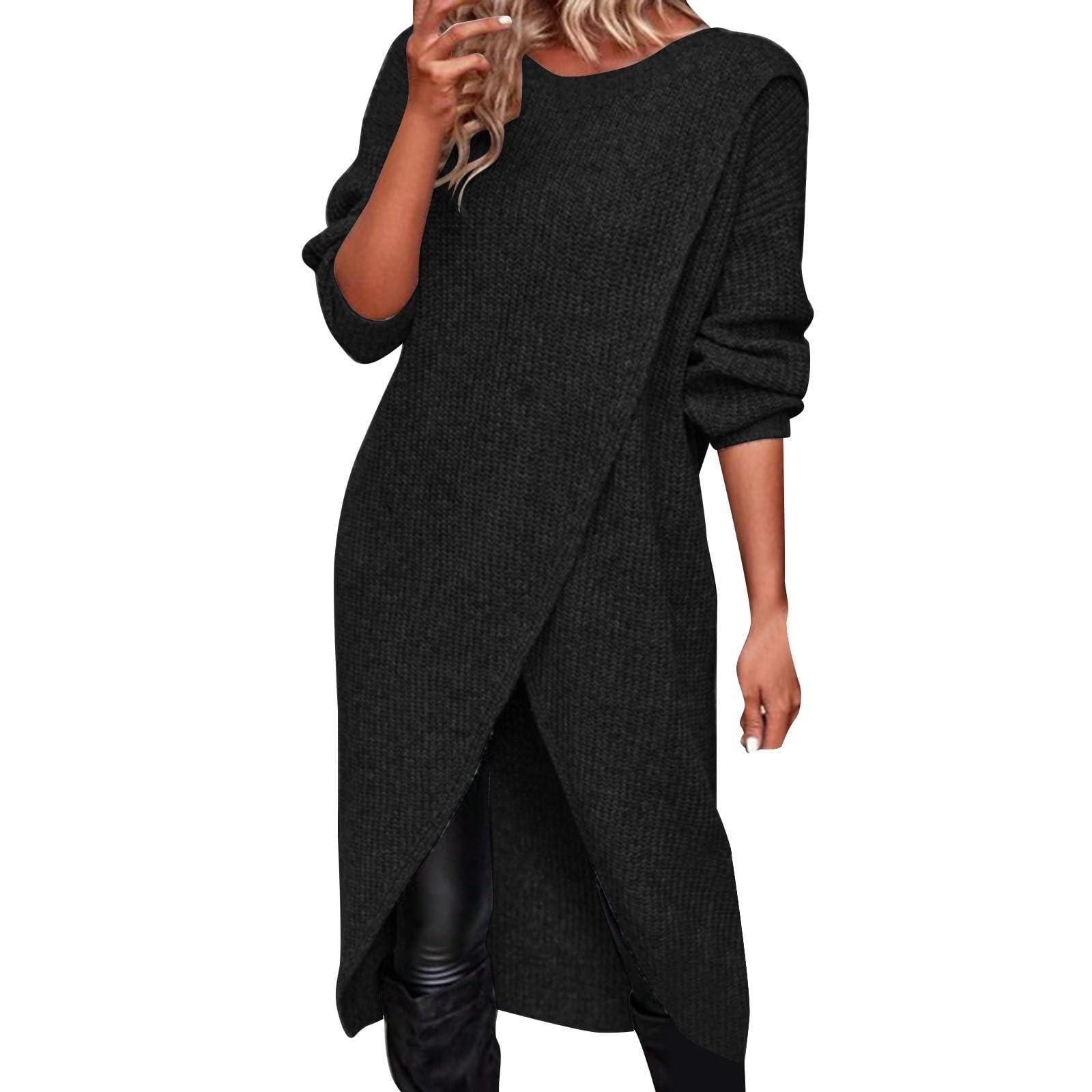 FUPODD Damen Strickkleid Winter Elegant Pulloverkleid Vorne Kurz Hinten Lang Pullover Winterkleid Warm Lässig Pullikleid Grobstrick Strickkleider Einfarbig Longpullover Frauen Dicke Winterkleider