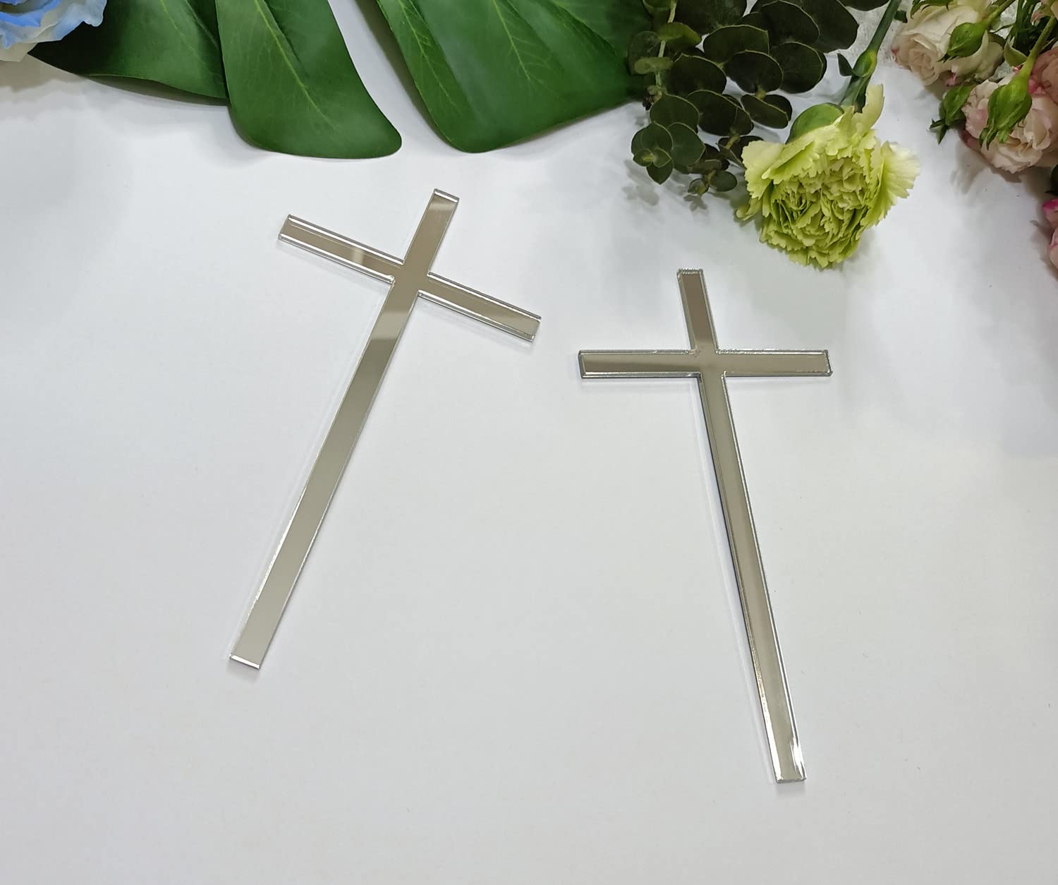 Photo 1 of 12pcs Slim Acrylic Cross Cake Charm, Christening Baptism Confirmation, Acrylic Cross Cake Decoration (6'', Silver Mirror)