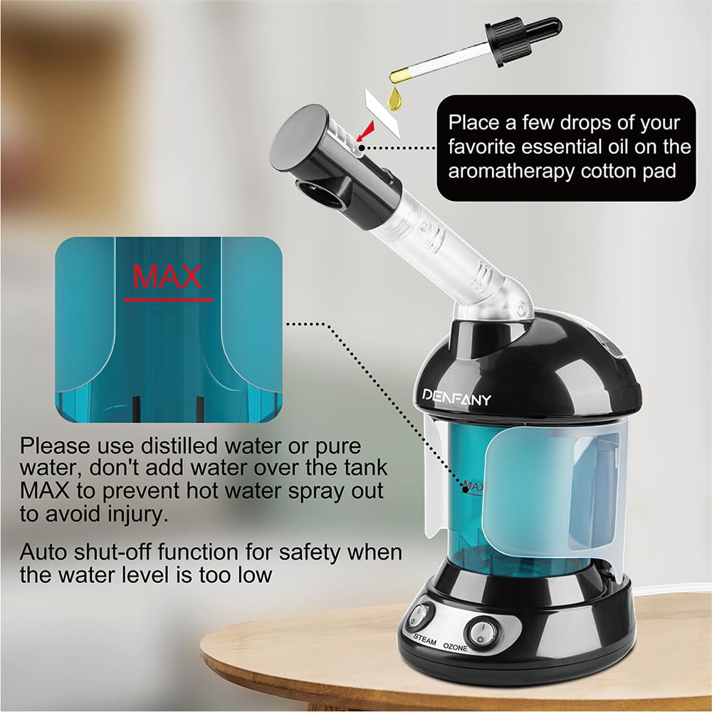 Facial Steamer - DENFANY Nano Ionic Face Steamer with Extendable 360° Rotating Arm - Portable Facial Steamer for Personal Care at Home or Salon (): Black