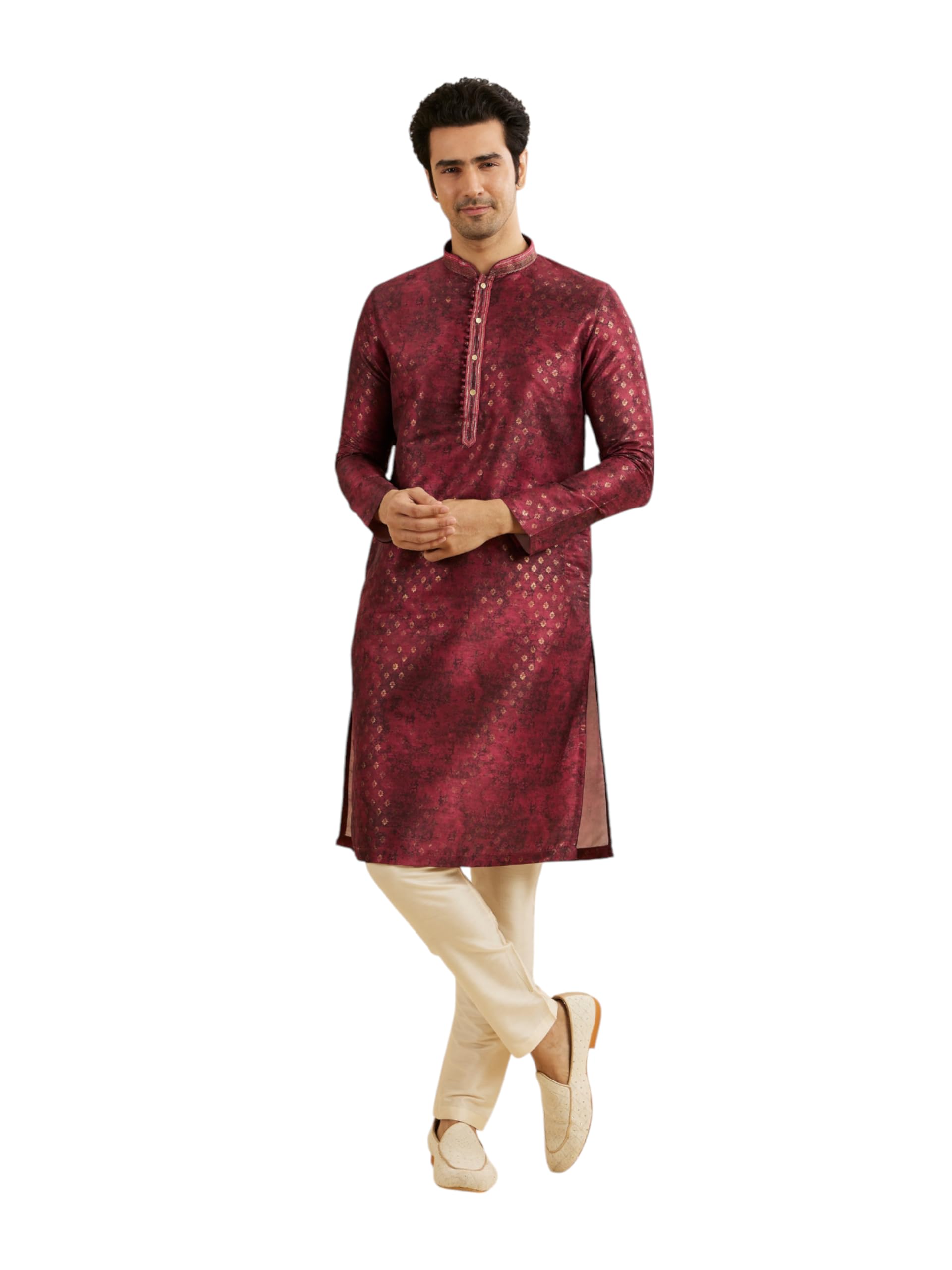 manyavar Men's Art Silk Metallic Print Kurta Pyjama Set (2pcs)-picture-35