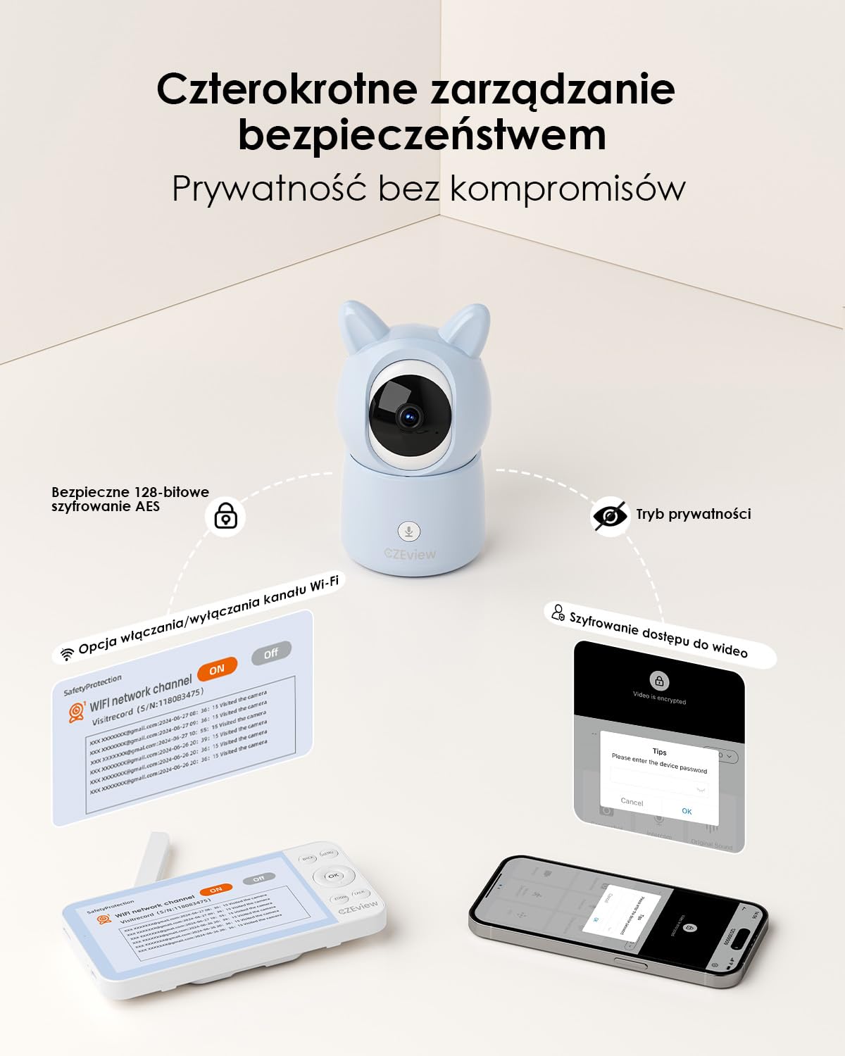 CZEview BM6 Elektroniczna niania z kamerą 2K i 4-krotnym zoomem, 5,5-calowa niania HD z aplikacją, noktowizor, wykrywanie ruchu, hałasu i temperatury, 2-kierunkowa rozmowa, widok 360°, muzyka i