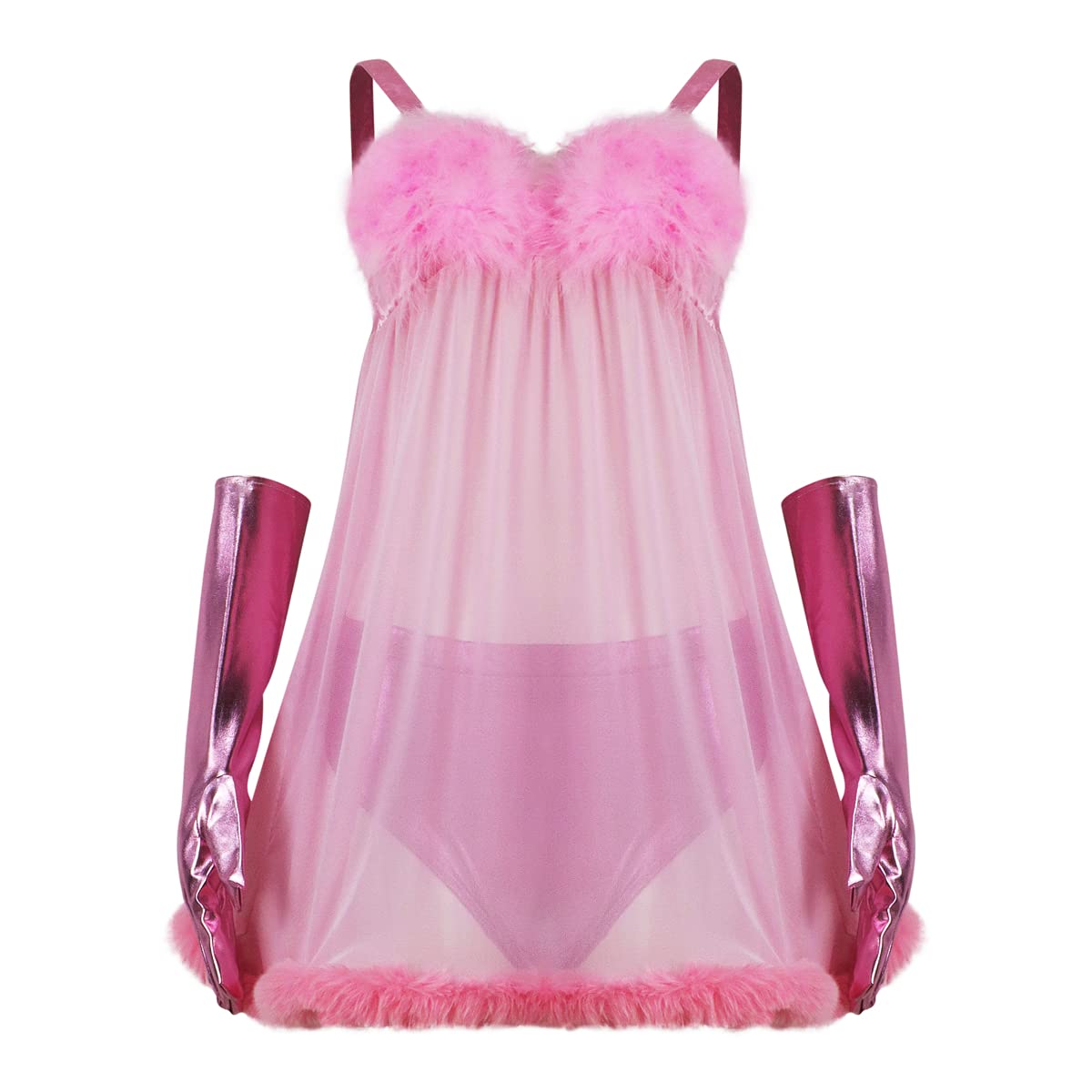 Fembot - Vestito sexy da donna con piume, vestito da robot, lingerie rosa, camicia da notte con guanti copricapo