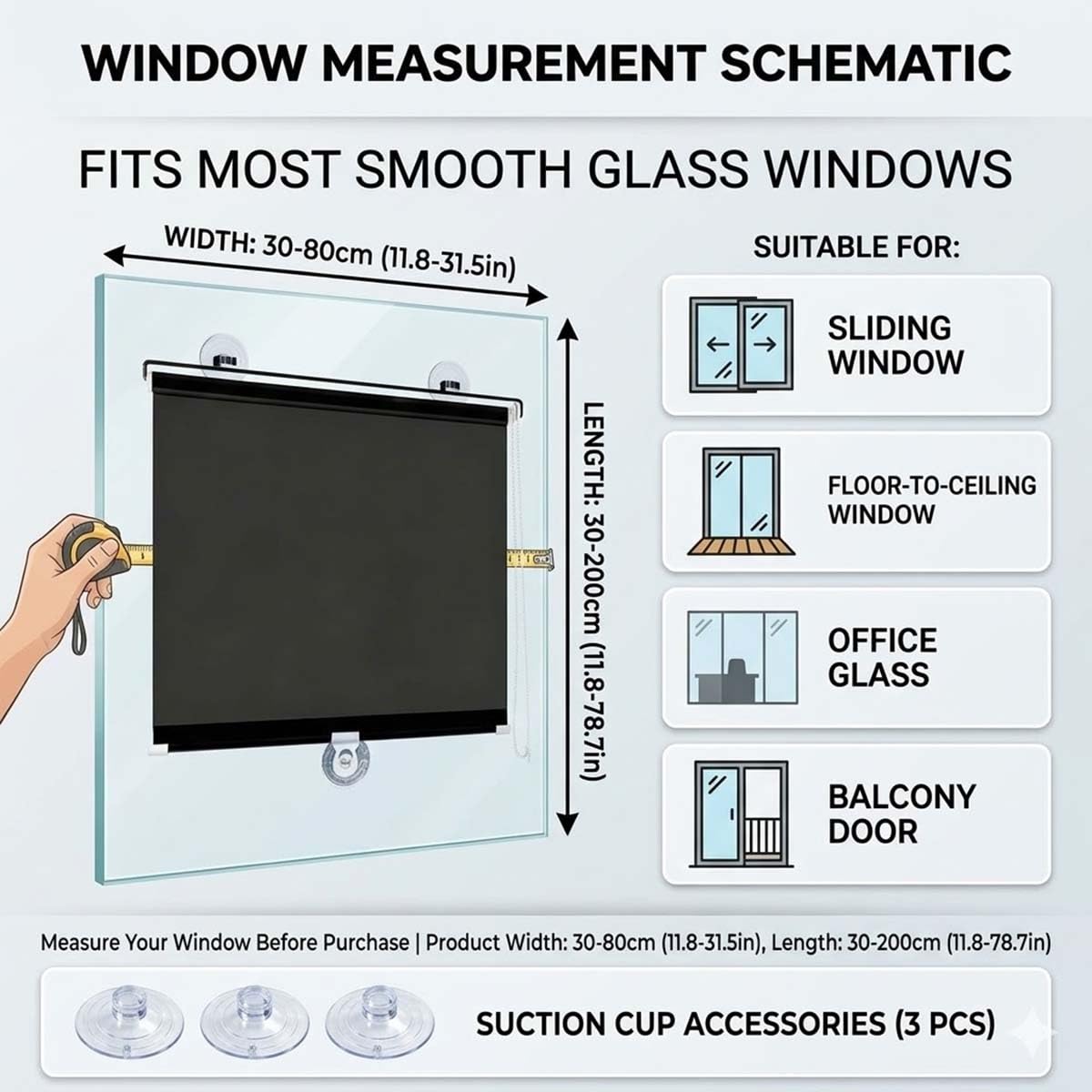 Rollo Ohne Bohren，Saugnapf-Rollladen, Verdunkelungsrollo Breite 30 35 40 45 50 55 60 65 70 80cm Einziehbarer Sichtschutz Temporäre Jalousien Für Fenster Büro Auto(Schwarz,W80xH175cm)