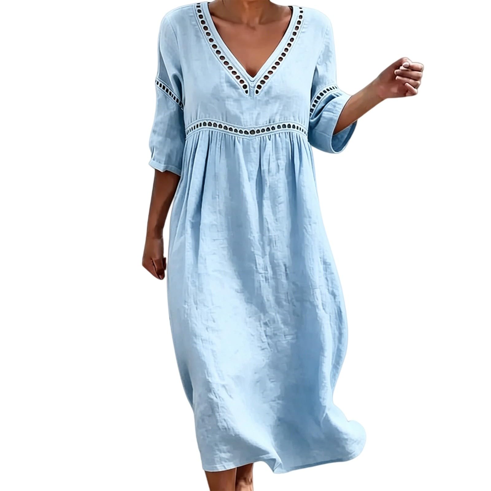Generisch Sommerkleid Damen Lang,3/4 Ärmel Lochstickerei Musselin Locker Boho Kleid Sommer Strandkleid Elegant Baumwolle Leinenkleid V Ausschnitt Mode Maxikleid Leicht und Luftig Freizeitkleid