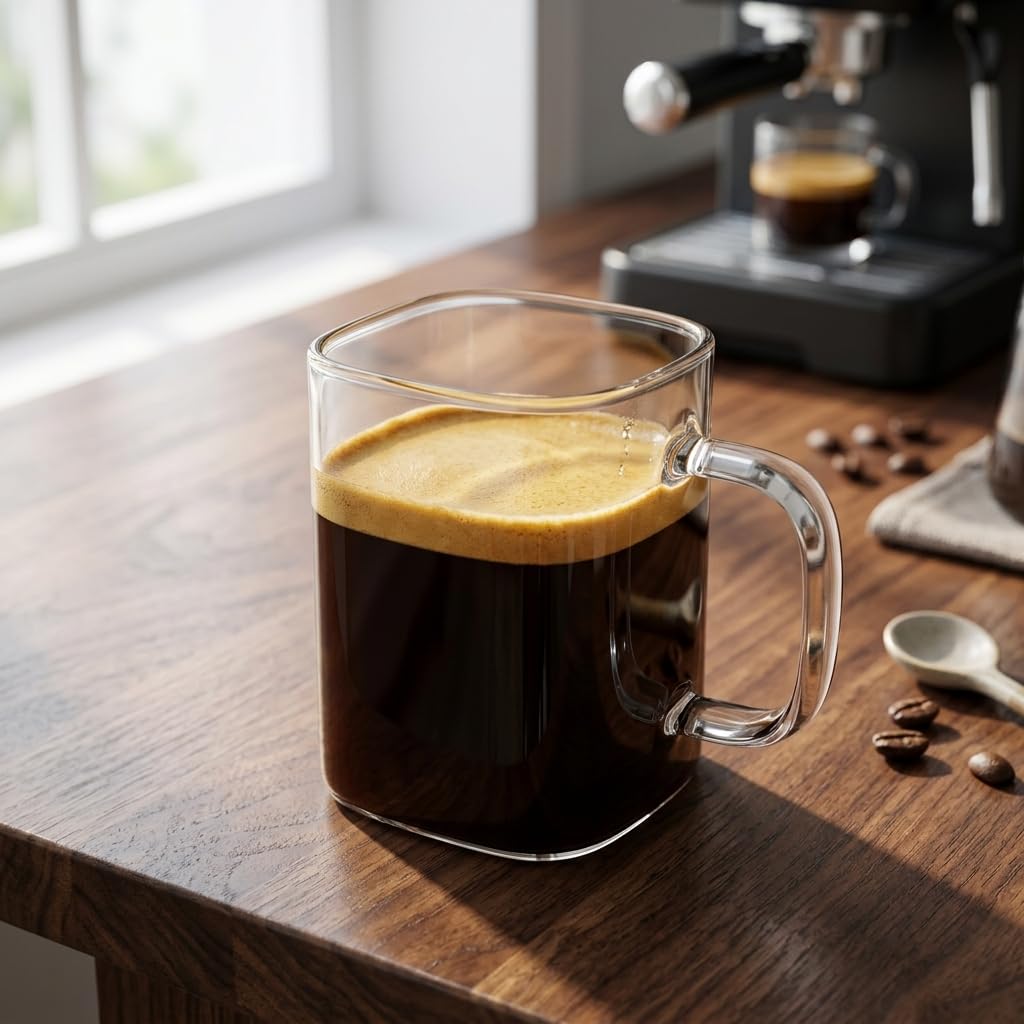 Deconox 6 Adet Kare Cam Kupa Seti - Kulplu Isıya Dayanıklı Çay, Kahve, Espresso ve Meşrubat Bardağı Takımı (230 ml)
