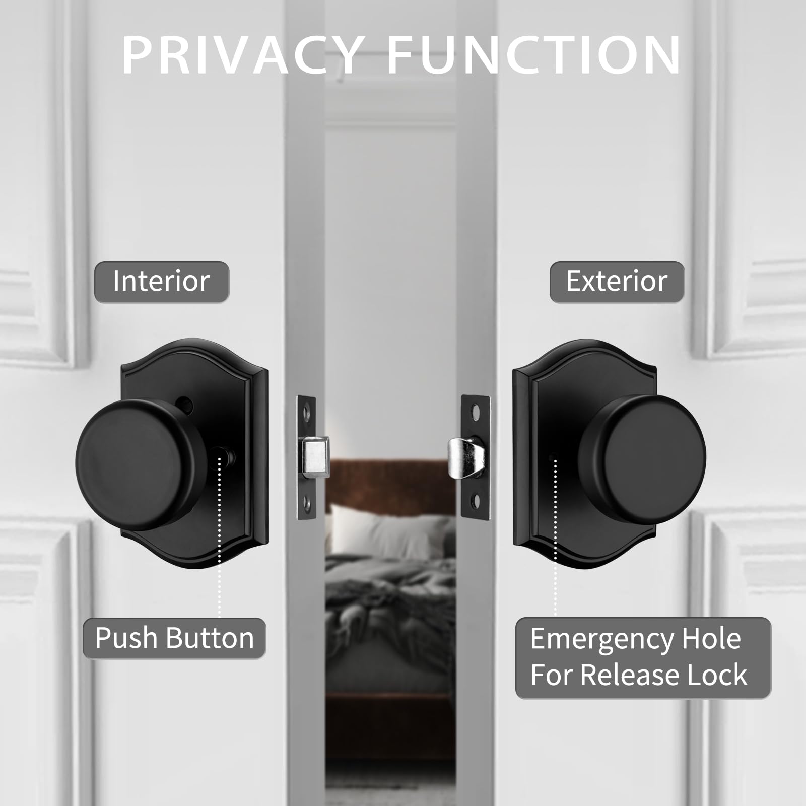 Black Privacy Door Knob with Push Lock - FREE SHIPPING -2
