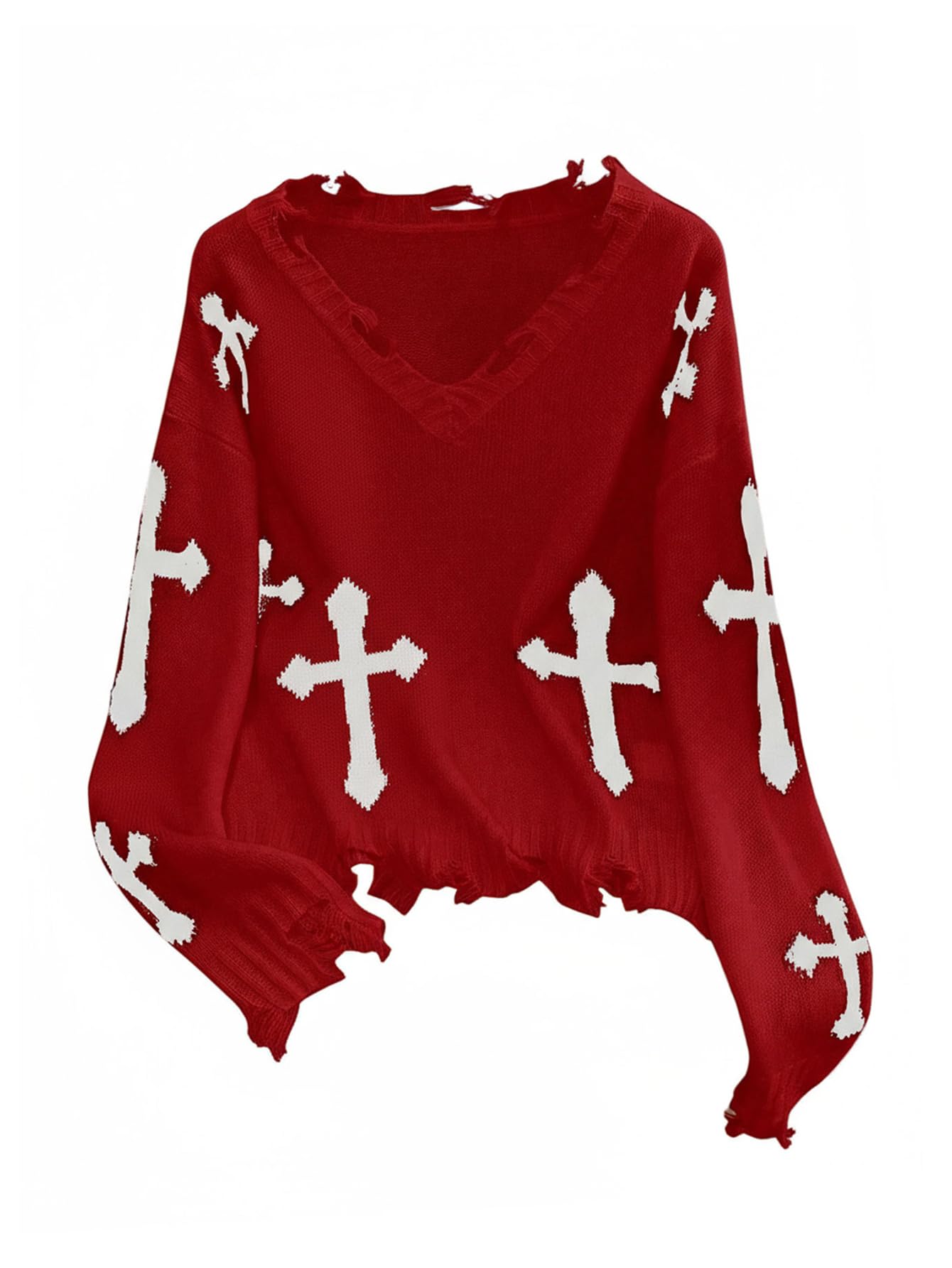 WDIRARA Womens Gothic Cross Graphic V Neck Sweater Distressed Raw Hem Pullover Y2k Going Out Knit Top