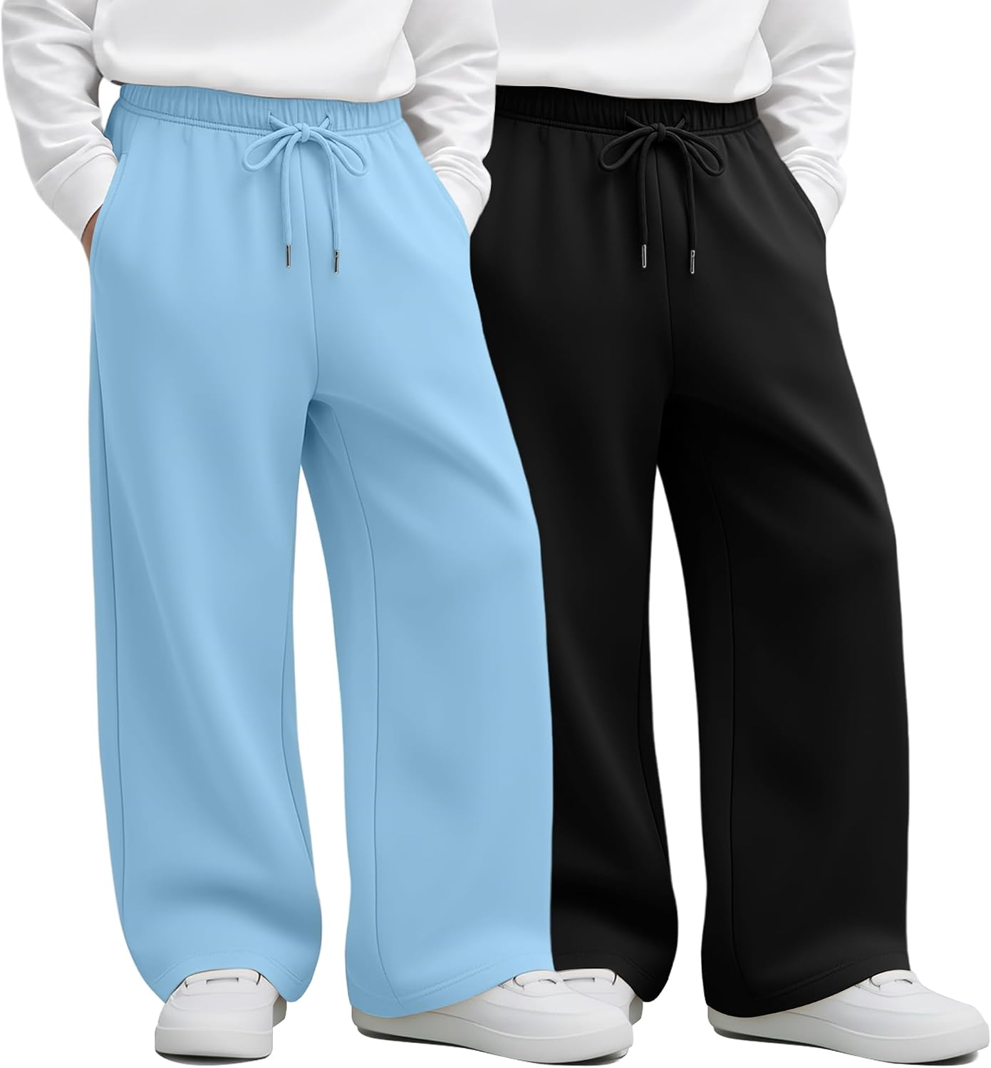 2 Pack Boys' Baggy Sweatpants Athletic Wide Leg Youth Open Bottom Joggers Kids Drawstring Pants with Pockets 5-14Y